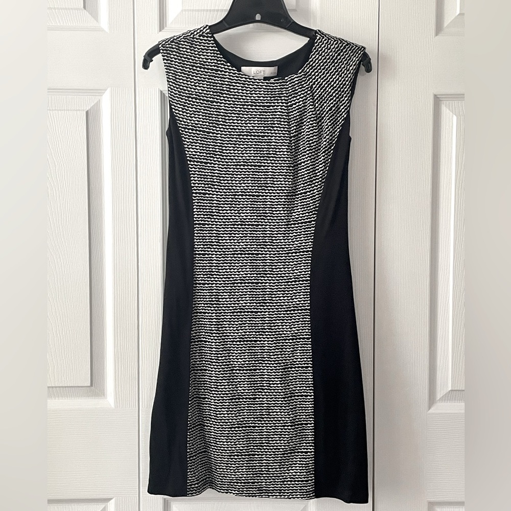 LOFT XXSP Black and White Lined Print Dress with Color Block Sides, Cap Sleeves